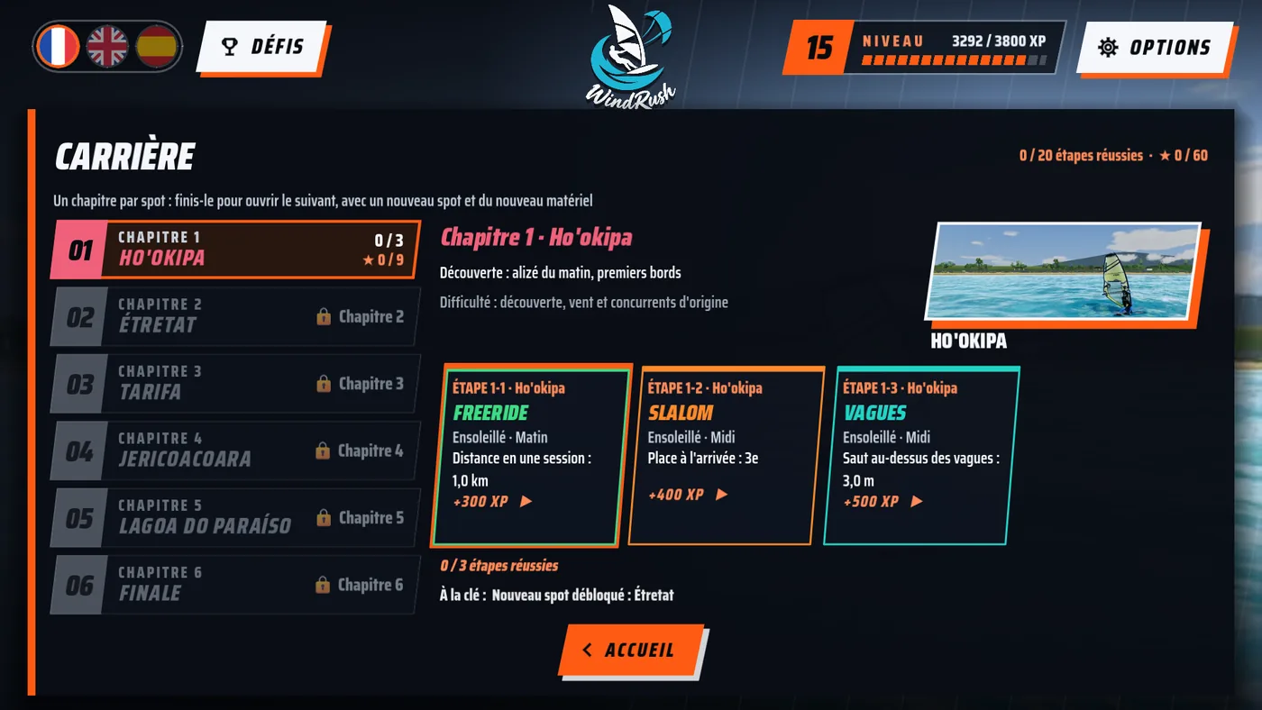 Tela de carreira do jogo, com os seis capítulos