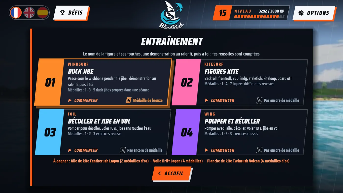 Tela de treino do jogo, com quatro aulas guiadas