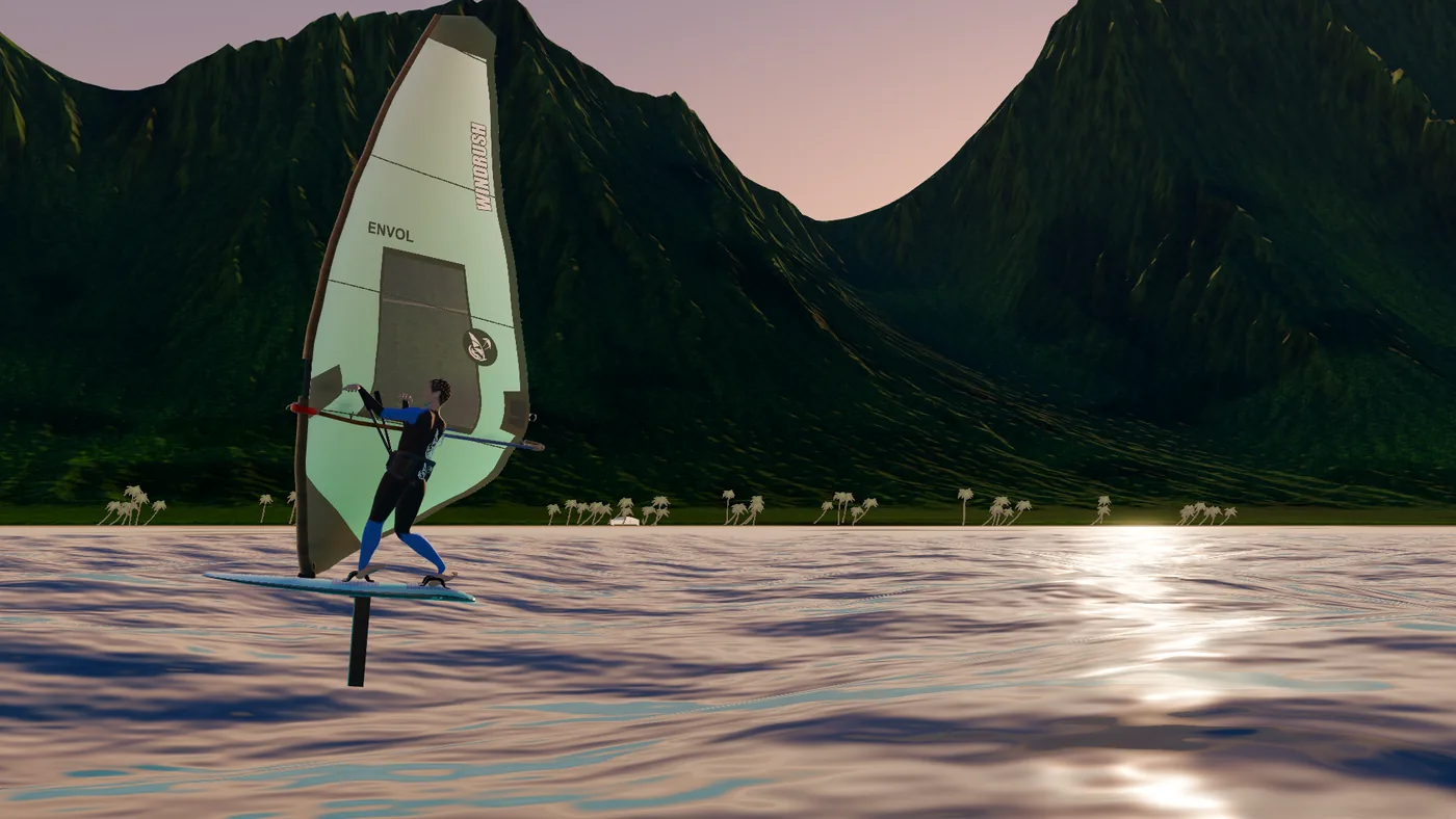 Windsurf foil voando diante das montanhas