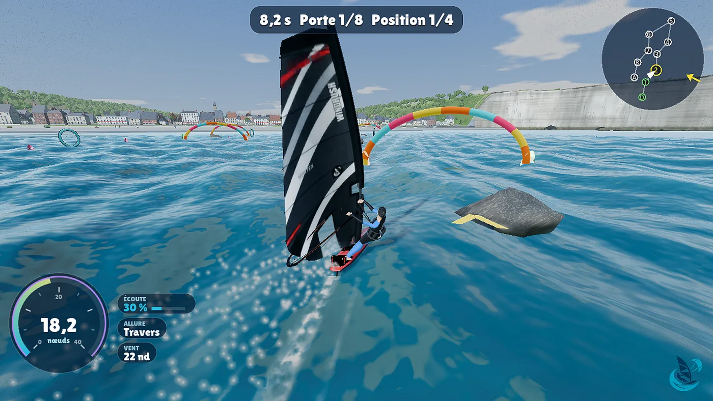 Slalom entre as portas em Étretat, com tempo e posição
